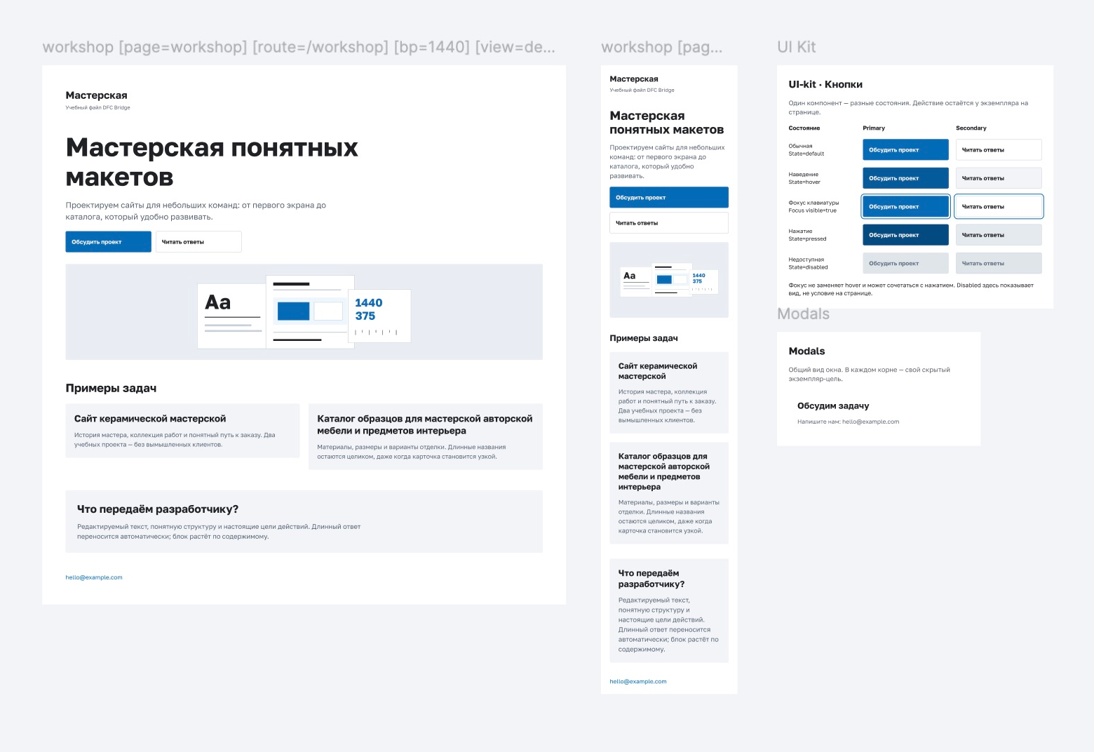 Подготовленные корни workshop на 1440 и 375 px рядом с UI-kit со состояниями кнопок и Modals в настоящей Figma