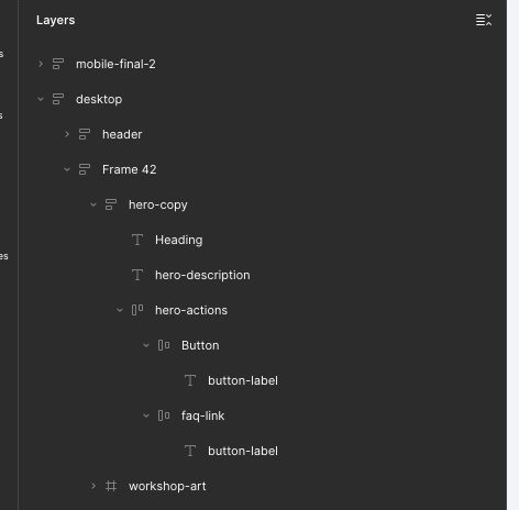 Настоящее раскрытое дерево слоёв Figma на desktop: Heading и Button